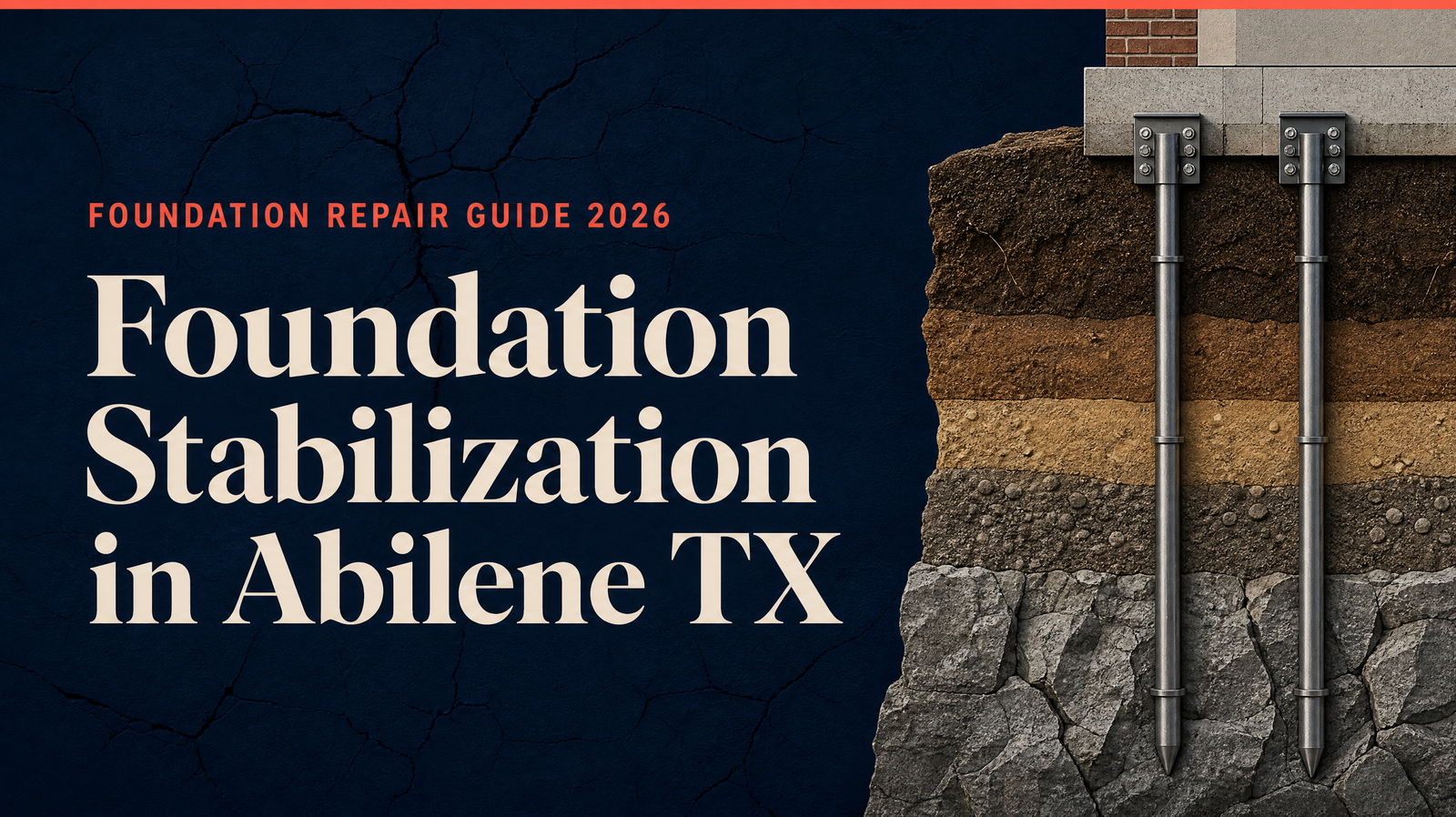 Foundation Stabilization in Abilene TX guide showing steel piers driven through clay soil layers to stable bedrock