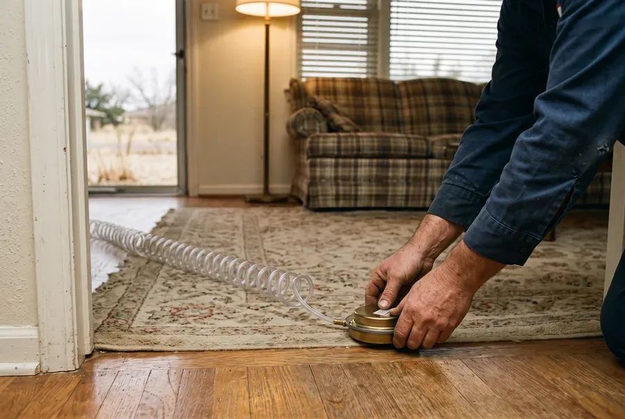 Technician reading a manometer on a sloping living-room floor during a free foundation survey in an Abilene home