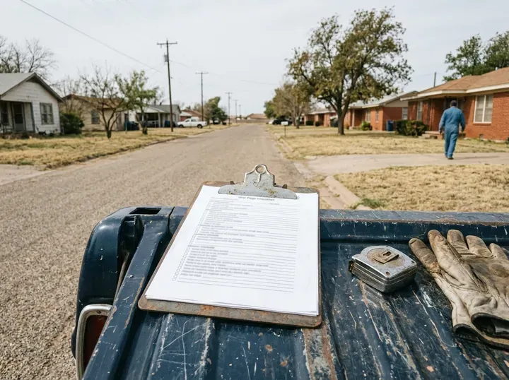 Printed one-page Abilene foundation repair pre-hire checklist on a clipboard