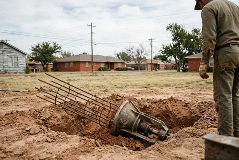 Rebar cage and belling tool at the bottom of a bell bottom pier excavation in West Texas clay