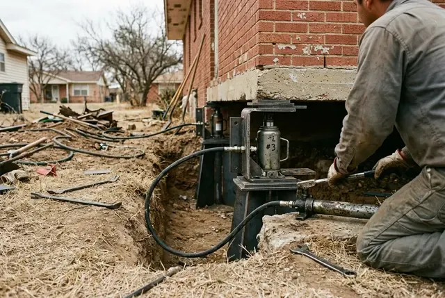Bell Bottom Pier Installation in Abilene, TX: synchronized lift on a brick ranch home