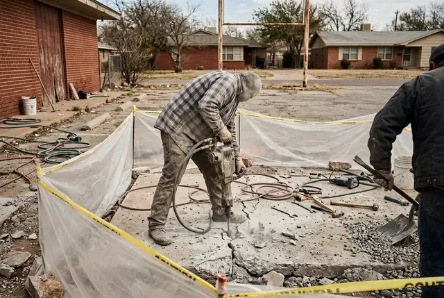 Commercial Foundation Repair in Abilene, TX: cracked retail slab with dust barriers