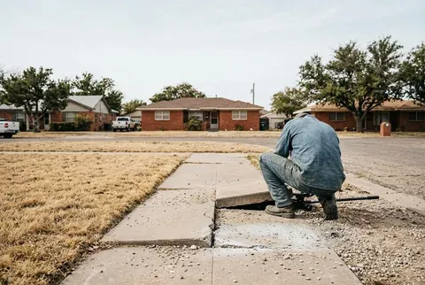 Sunken and cracked sidewalk panel beside a level one during concrete leveling in Abilene