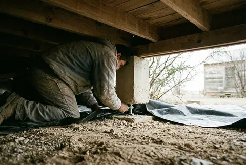 Vapor barrier and pier support being installed in the crawl space of an Abilene pier-and-beam home