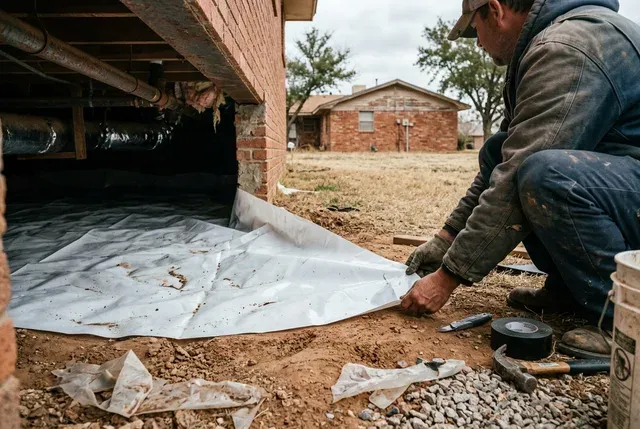 Crawl Space Repair in Abilene, TX: white vapor barrier over graded soil