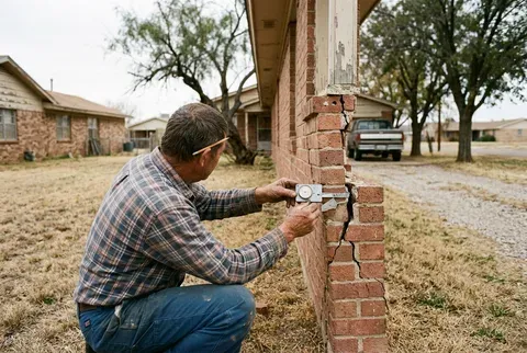 Measuring the width of a diagonal foundation crack with a crack gauge on an Abilene home