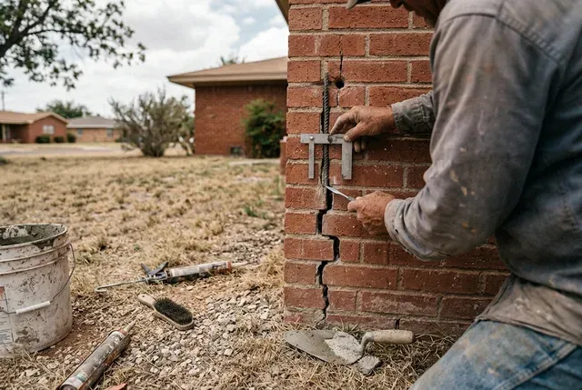 Foundation Crack Repair in Abilene, TX: stair-step brick cracks with a gauge