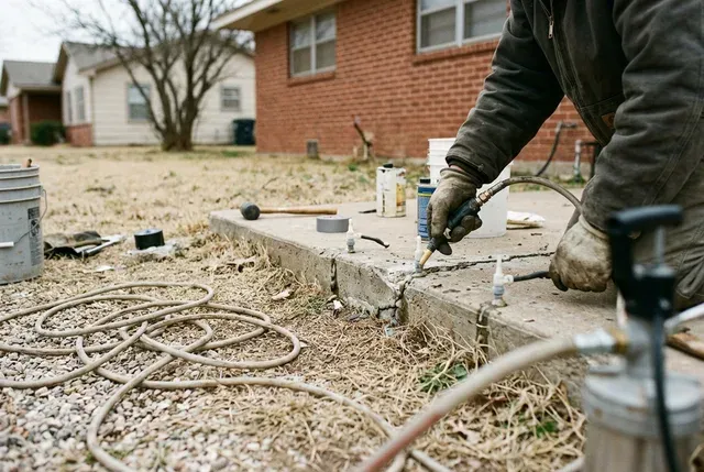 Foundation Crack Repair in Abilene, TX: polyurethane injection ports on a slab crack