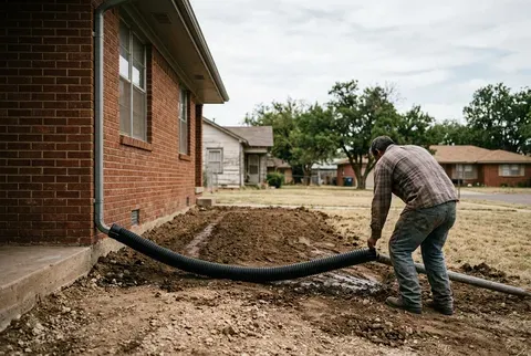 Downspout extension and regraded soil directing water away from an Abilene home's foundation