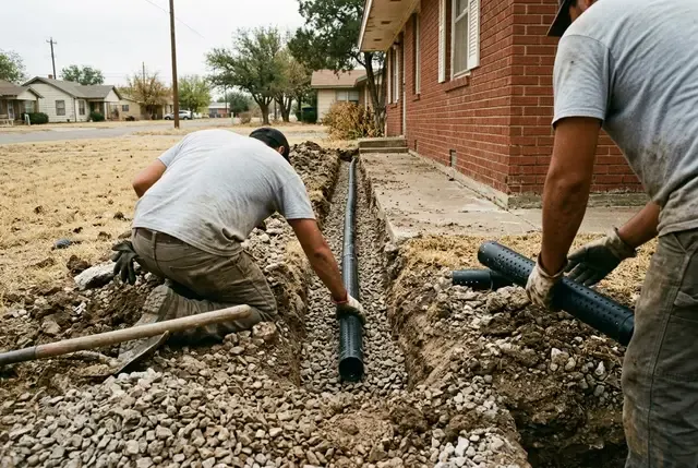 Foundation Drainage Correction in Abilene, TX: gravel French drain trenches
