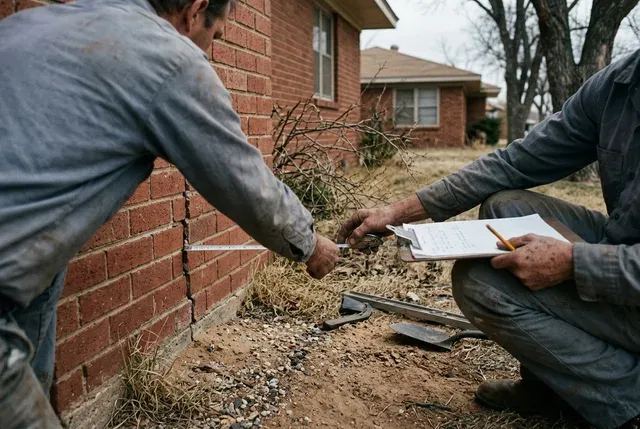 Foundation Inspection in Abilene, TX: technician noting brick cracks outside