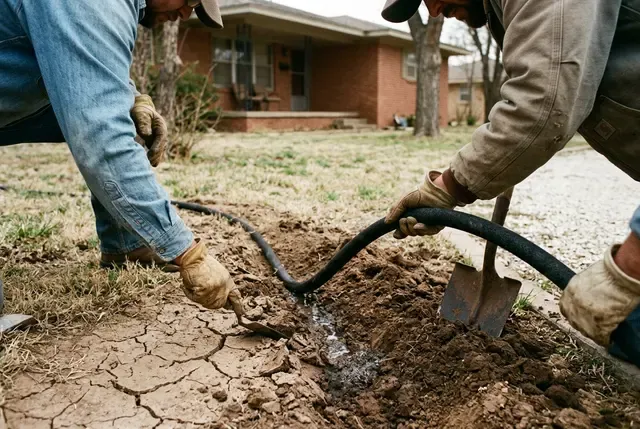 Foundation Watering Program in Abilene, TX: dry cracked clay next to evenly moist soil