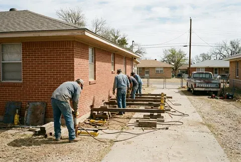 Hydraulic jacking equipment staged beside a brick home for house leveling in Abilene