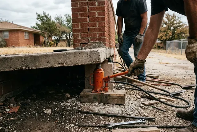 House Leveling in Abilene, TX: hydraulic jacks under a slab edge