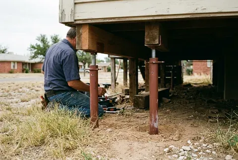 Crawl space of a pier-and-beam home in Abilene with new adjustable steel pier supports