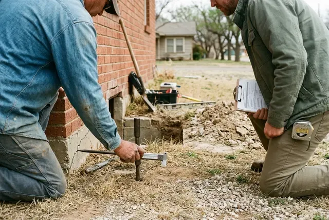 Real-Estate Foundation Certification in Abilene, TX: inspector at an exterior wall with an agent
