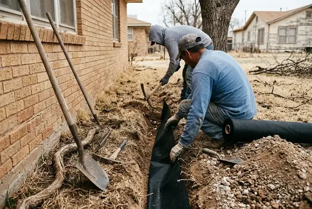 Root Barrier Installation in Abilene, TX: trench between a mature pecan and a brick home