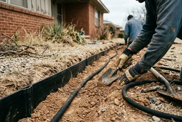Root Barrier Installation in Abilene, TX: backfilled grade with a soaker hose