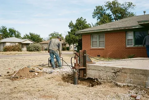 Exposed slab edge with a foundation repair bracket during slab foundation repair in Abilene