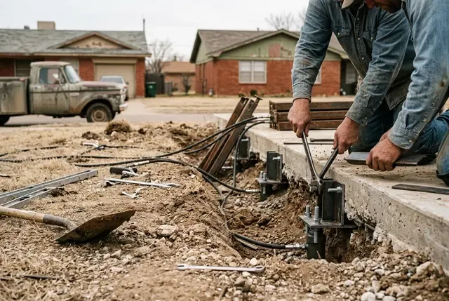 Slab Foundation Repair in Abilene, TX: exposed slab edge with brackets