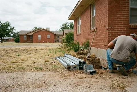 Galvanized steel push pier sections and a foundation bracket staged at an Abilene job site