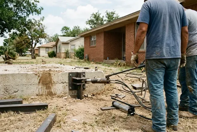Steel Push Pier Underpinning in Abilene, TX: hydraulic ram on a bracket
