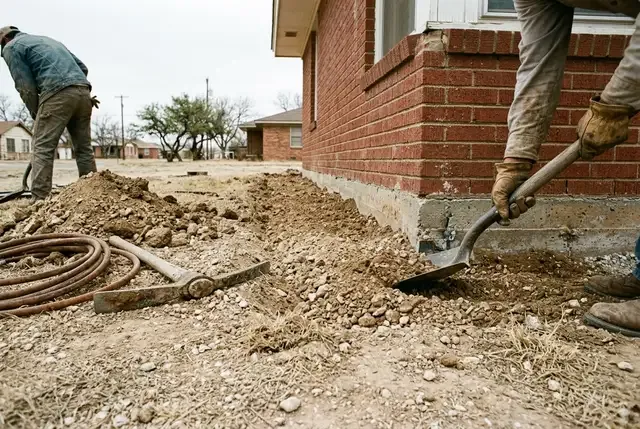 Steel Push Pier Underpinning in Abilene, TX: backfilled and graded corner